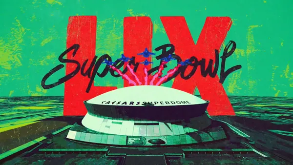 Thumbnail of Caesars Superdrome Arena in a pop art style with the words Super Bowl 59 sribbled behind flyover jets