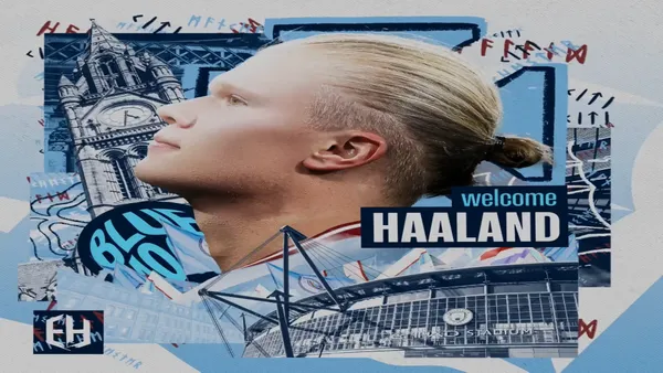 Project thumbnail for Erling Haaland socials release video featuring a side profile of Haaland and Man City branded graphics behind.