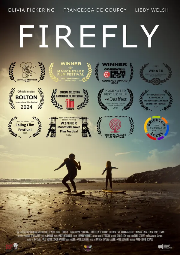 Poster thumbnail for Firefly showing a young girl and her father on surfboards on the beach with a dramatic sky behind.