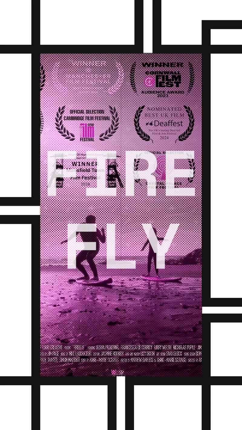 A poster thumbnail featuring two main characters from the film on a beach on surfboards underneath award laurels and the film title Firefly over the top.