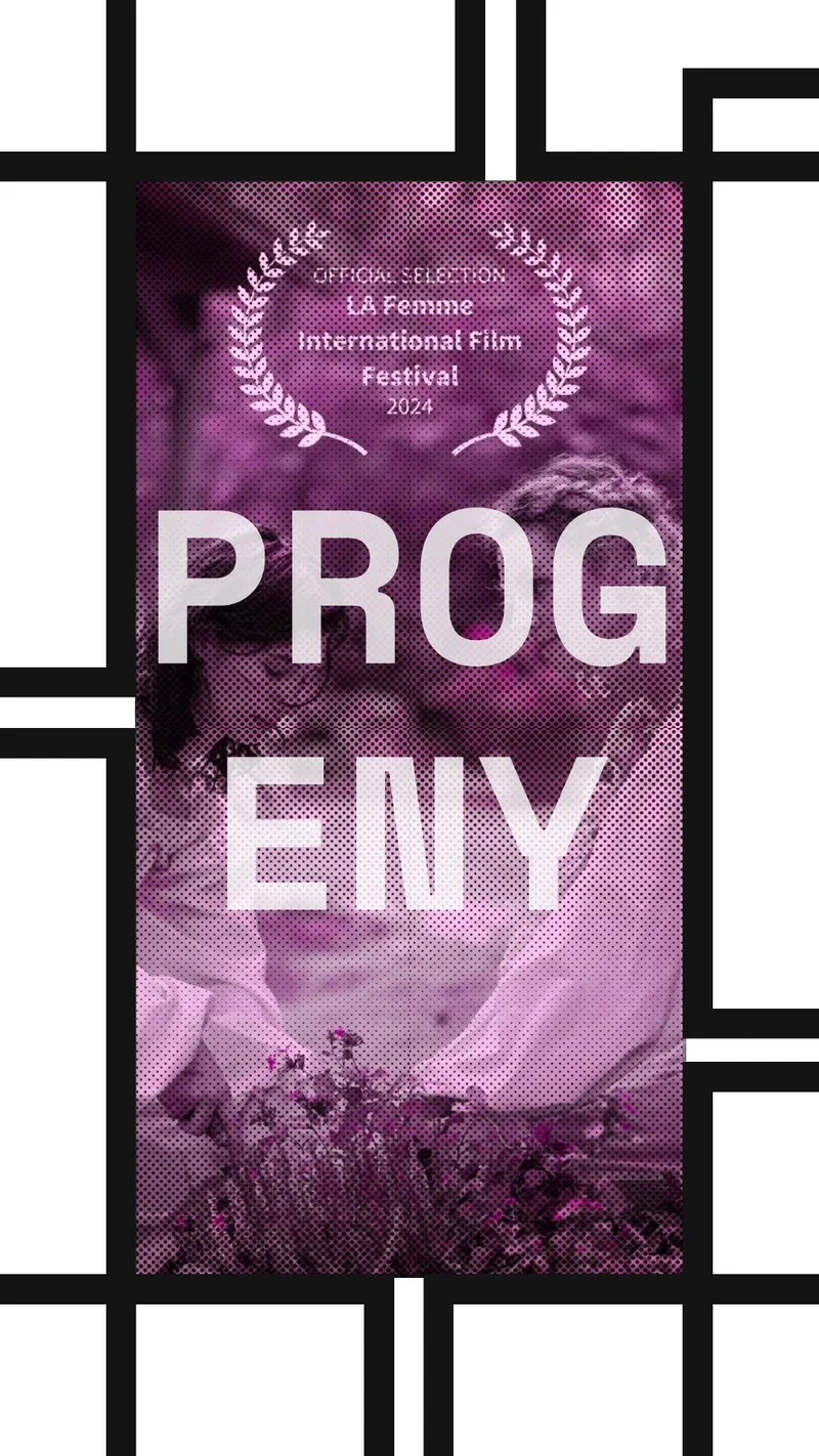 A poster thumbnail featuring two main characters from the film Progeny with an award laurel above them and the film title text over the top