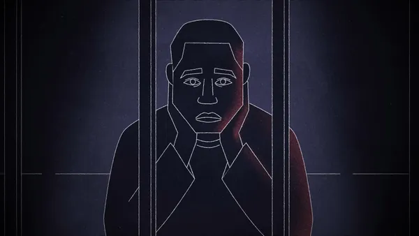 Project thumbnail for Merseyside Violence Reduction Partnership showing an illustrated young man with his head in his hands behind prison bars.