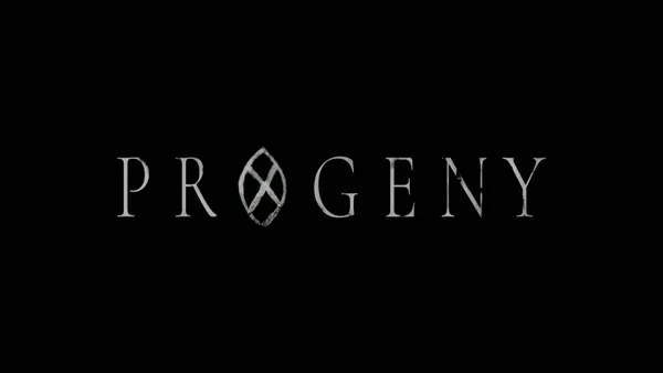 Progeny poster thumbnail featuring the gothic skeletal film logo on a black background.