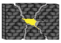 A monochrome illustration of a brick wall deconstructing from the center