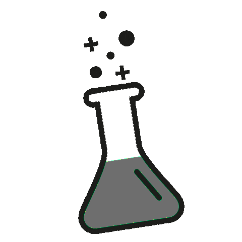 A monochrome illustration of a chemical beaker with liquid inside and bubbles coming out of the top.