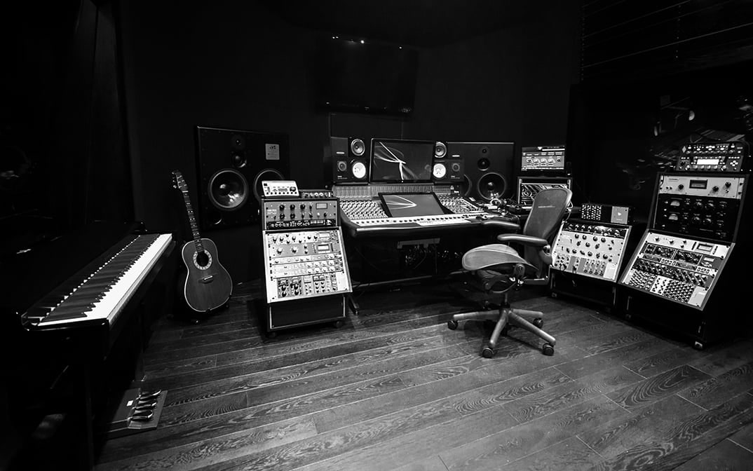 A black and white image of Dom Storrs' studio